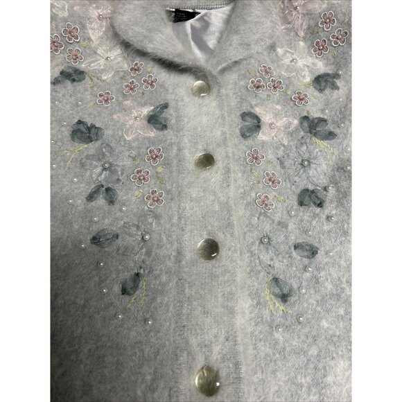 Venesha Angora Super Soft Cardigan Sweater Gray With Applique Flowers Size S - Picture 2 of 9